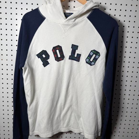 Polo by Ralph Lauren Tops - Polo Ralph Lauren Hoodie Womens XL White Navy Patchwork Plaid Pullover Preppy